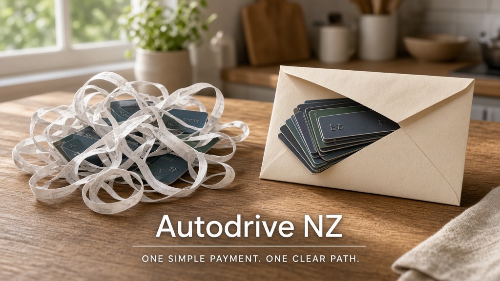 Scattered cards gathered into one envelope for debt consolidation in New Zealand
